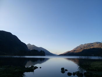 Scenic view of lake against clear blue sky