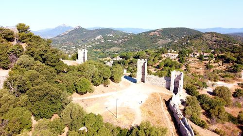 High angle view of plants and mountains against sky