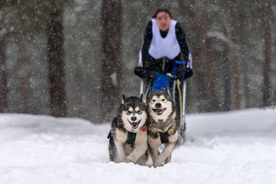 Woman with dog in snow