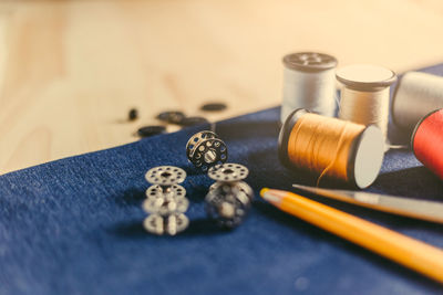 High angle view of various art on table