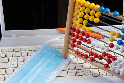 High angle view of multi colored keyboard on table