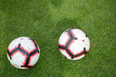 High angle view of soccer ball on field