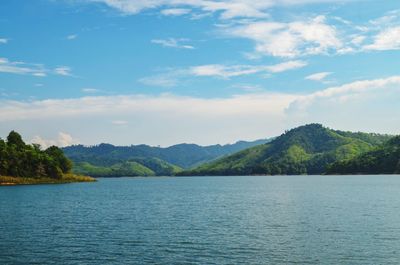 Scenic view of lake and mountains against sky