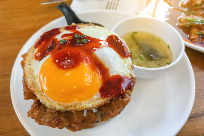 High angle view of breakfast served on table