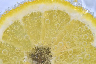 Close-up of a lemon slice in liquid with bubbles. slice of ripe lemon in water. close-up of fresh