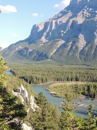 Scenic view of lake and mountains against sky