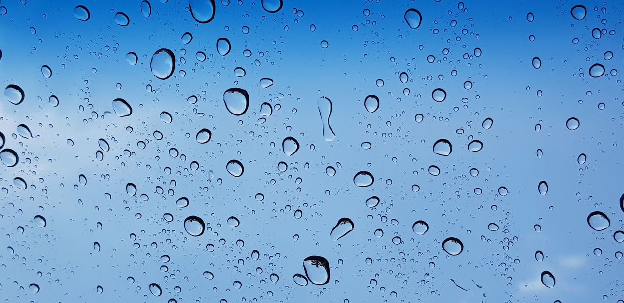 drop, water, wet, backgrounds, no people, transparent, full frame, window, close-up, nature, rain, glass, blue, indoors, pattern, raindrop, sky, purity, abstract, freshness, simplicity, black and white