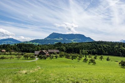 Scenic view of landscape and mountains against sky