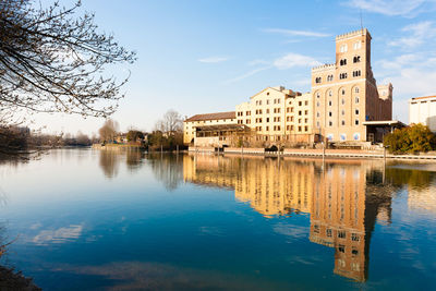 Reflection of buildings in lake