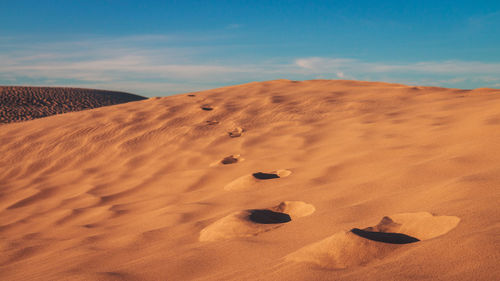 Sand dunes in desert against sky