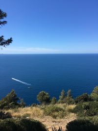 Scenic view of sea against clear blue sky