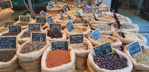 High angle view of food for sale at market stall