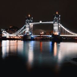 Illuminated bridge over river at night