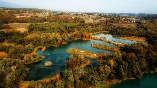 High angle view of lake against sky