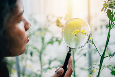 Close-up of man holding magnifying glass