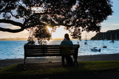 Rear view of woman sitting on bench at lake during sunset
