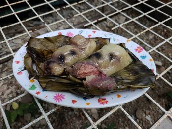 High angle view of meal served on table