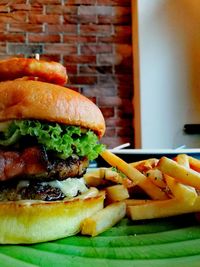 Close-up of burger on table