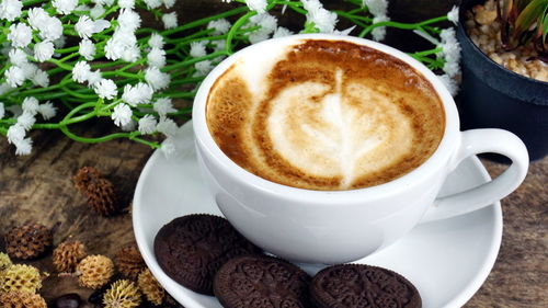 High angle view of cappuccino on table