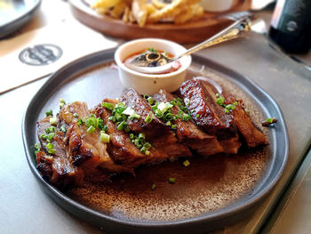 Close-up of food in plate on table