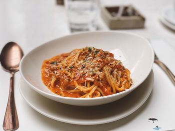 Close-up of noodles in bowl on table