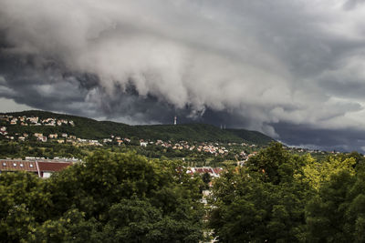 Scenic view of mountains and trees against sky