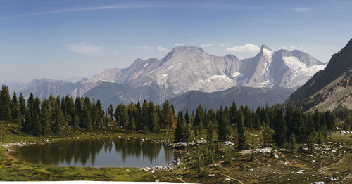 Scenic view of lake and mountains against sky