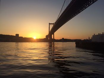 View of suspension bridge at sunset