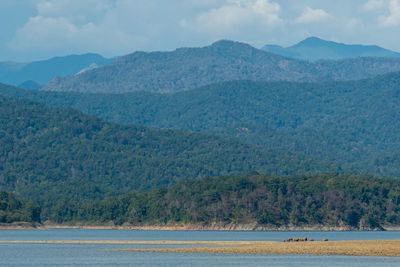 Scenic view of lake and mountains against sky