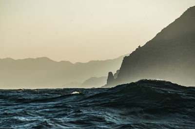 Scenic view of sea against clear sky during sunset