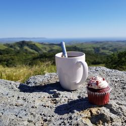 Cupcake and coffee on cliff during sunny day