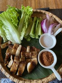 High angle view of vegetables in plate on table