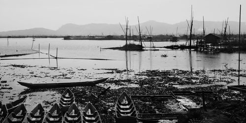 Fishing boats moored at harbor against sky