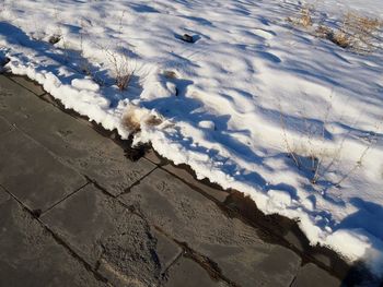 High angle view of snow covered field