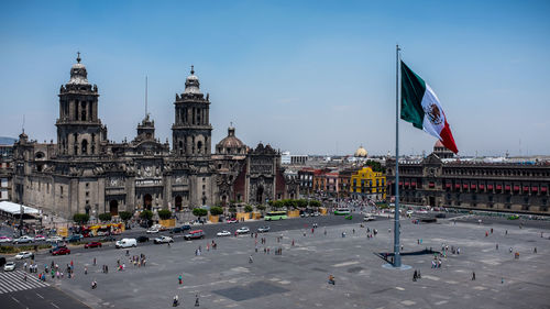 High angle view of people in front of building