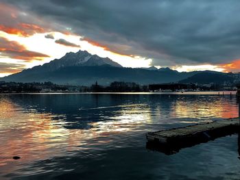 Scenic view of lake against sky at sunset