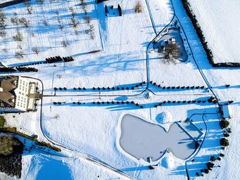High angle view of snow on shore