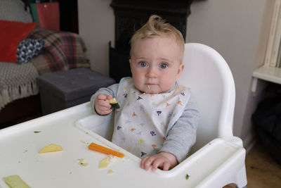Portrait of cute baby boy sitting at home