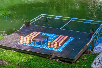 High angle view of boats moored on land