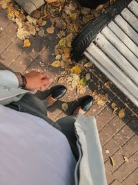 High angle view of people on bench