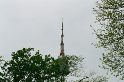Low angle view of trees and tower against sky