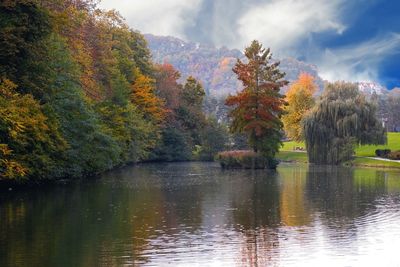 Trees by lake against sky during autumn