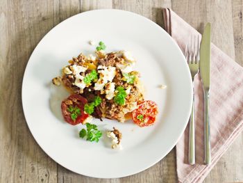 High angle view of food in plate on table