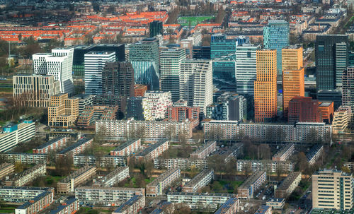 High angle view of modern buildings in city