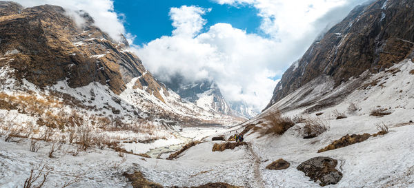 Panoramic view of snowcapped mountains against sky