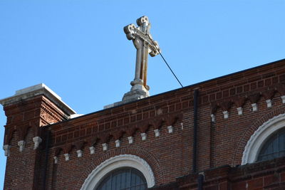 Low angle view of building against clear blue sky