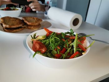 High angle view of salad in plate on table