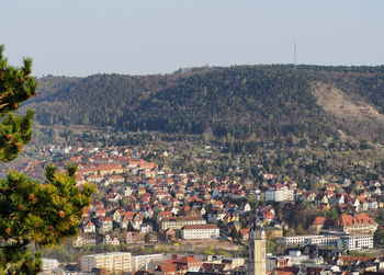 High angle shot of townscape against clear sky