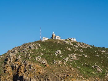 Low angle view of lighthouse against clear blue sky