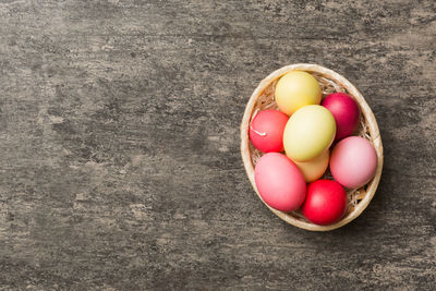 High angle view of eggs in bowl on table